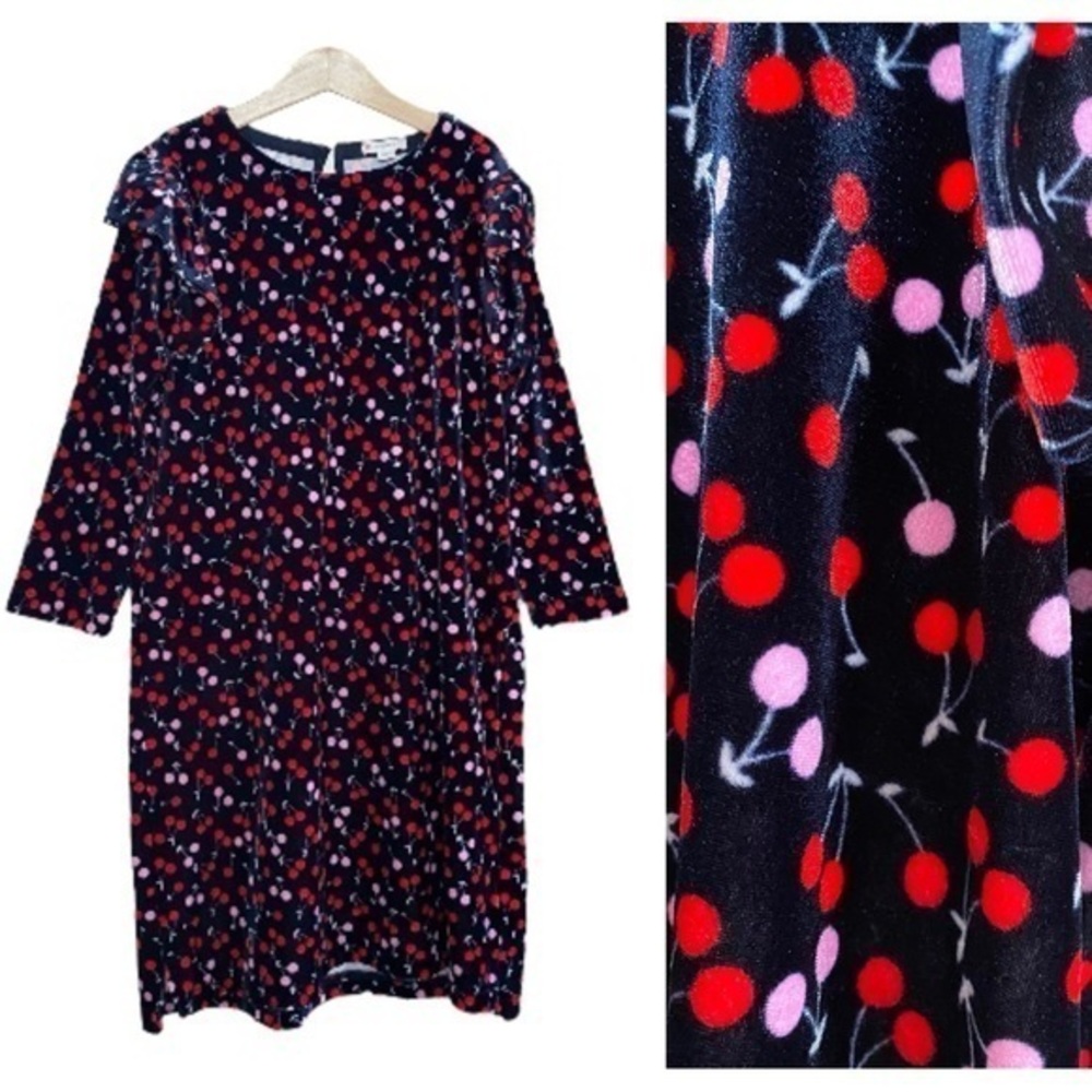 Crewcuts Navy Blue Velour Velvet Pink Red Cherry Print Long Sleeve Dress 12